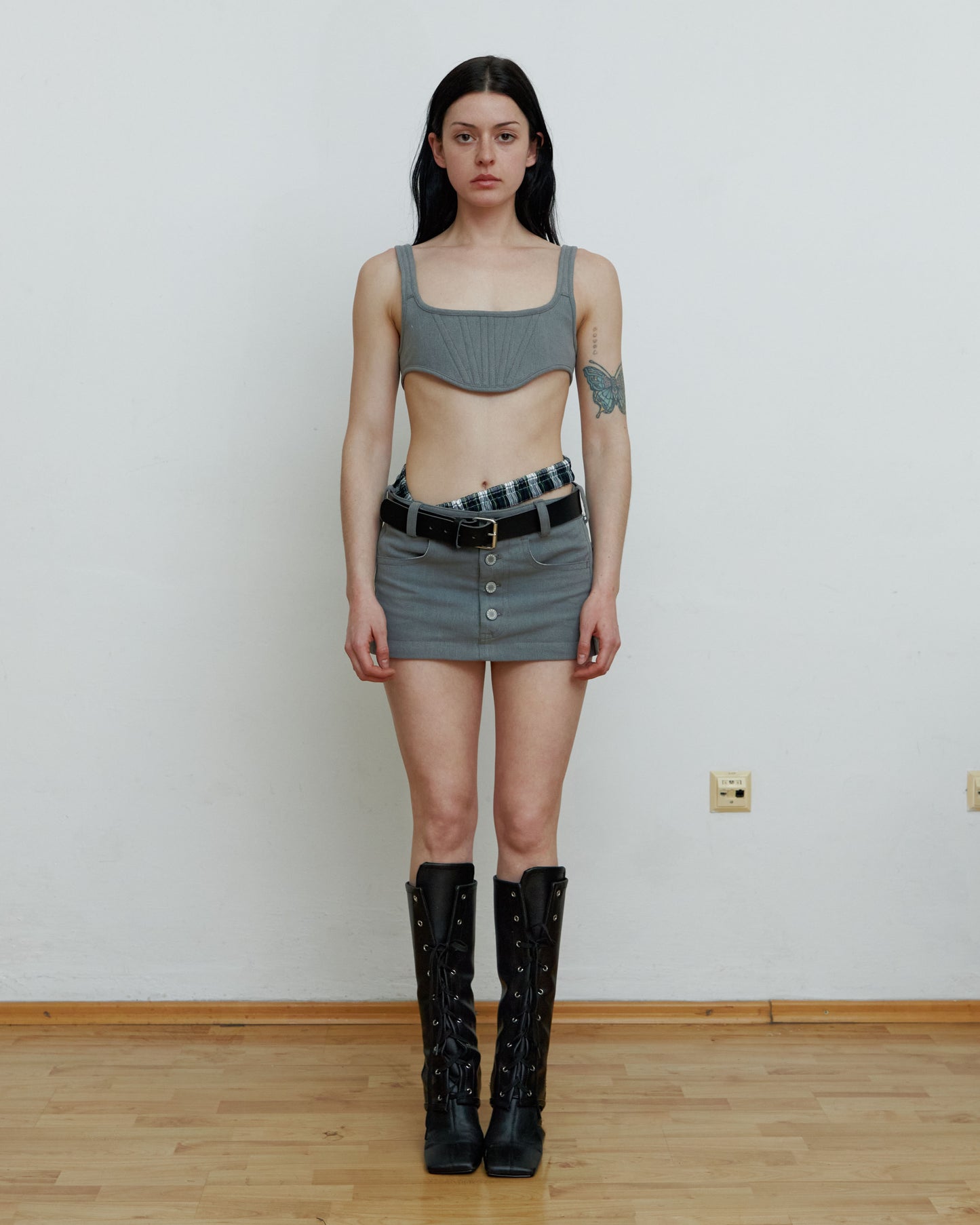 Grey Mini Skirt with exposed butt