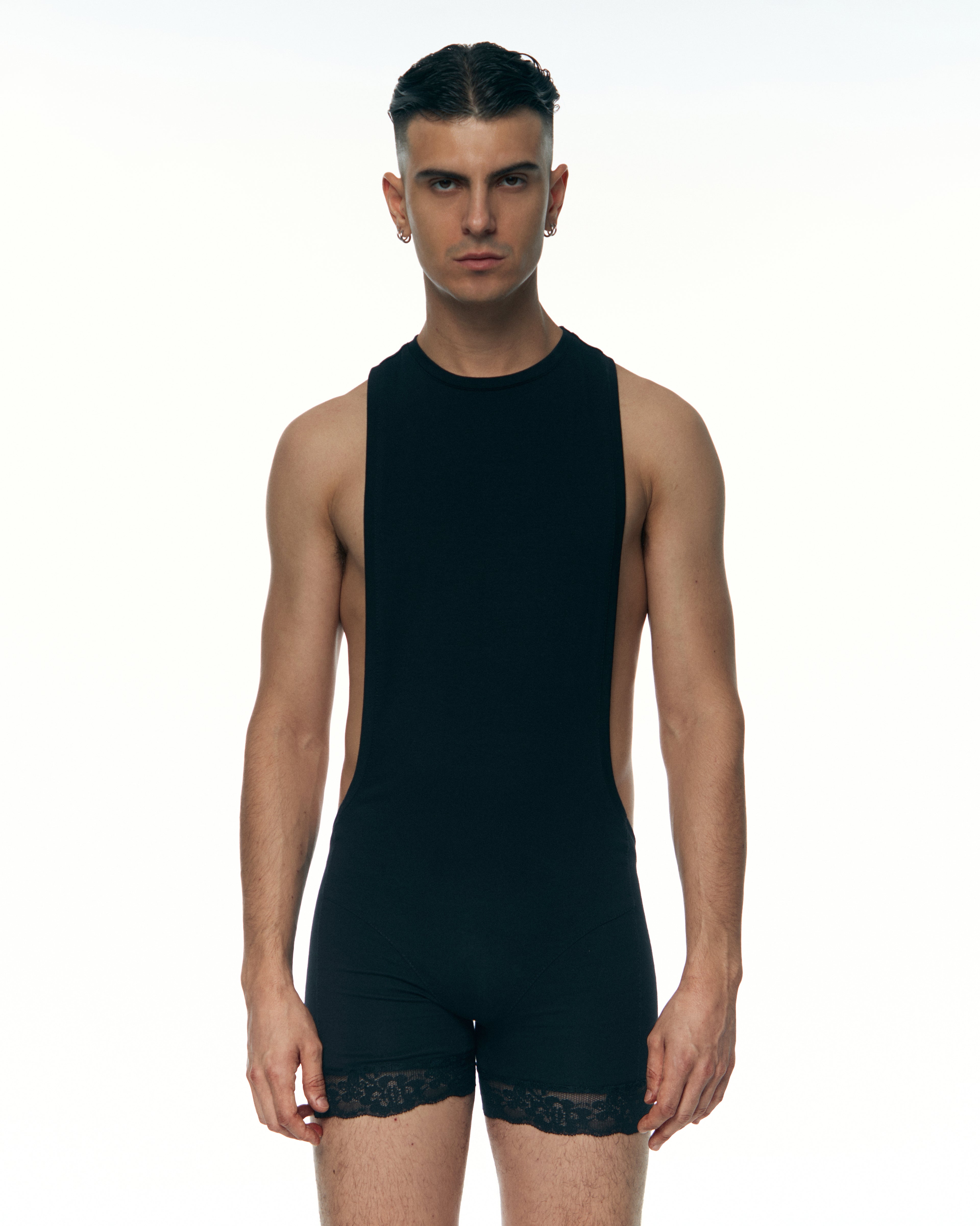 Fitted Jumpsuit with Lace Hem - Black